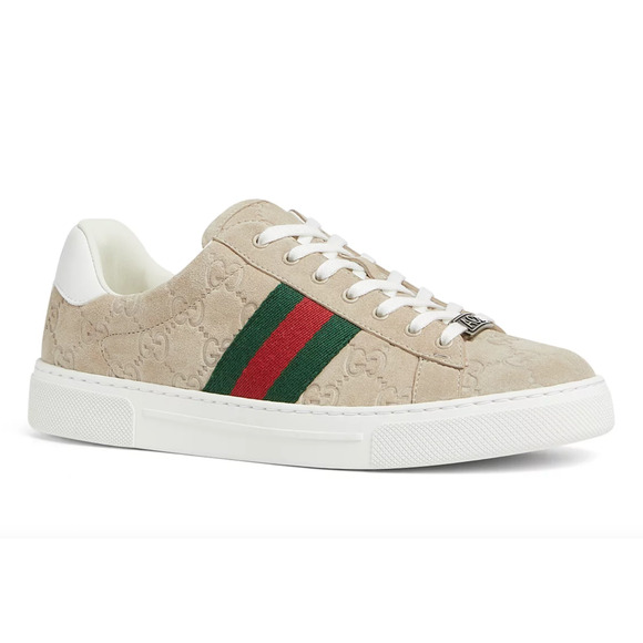 Gucci Ace Web GG Logo Oatmeal Beige Suede Flat Low Top Trainer Sneakers 40